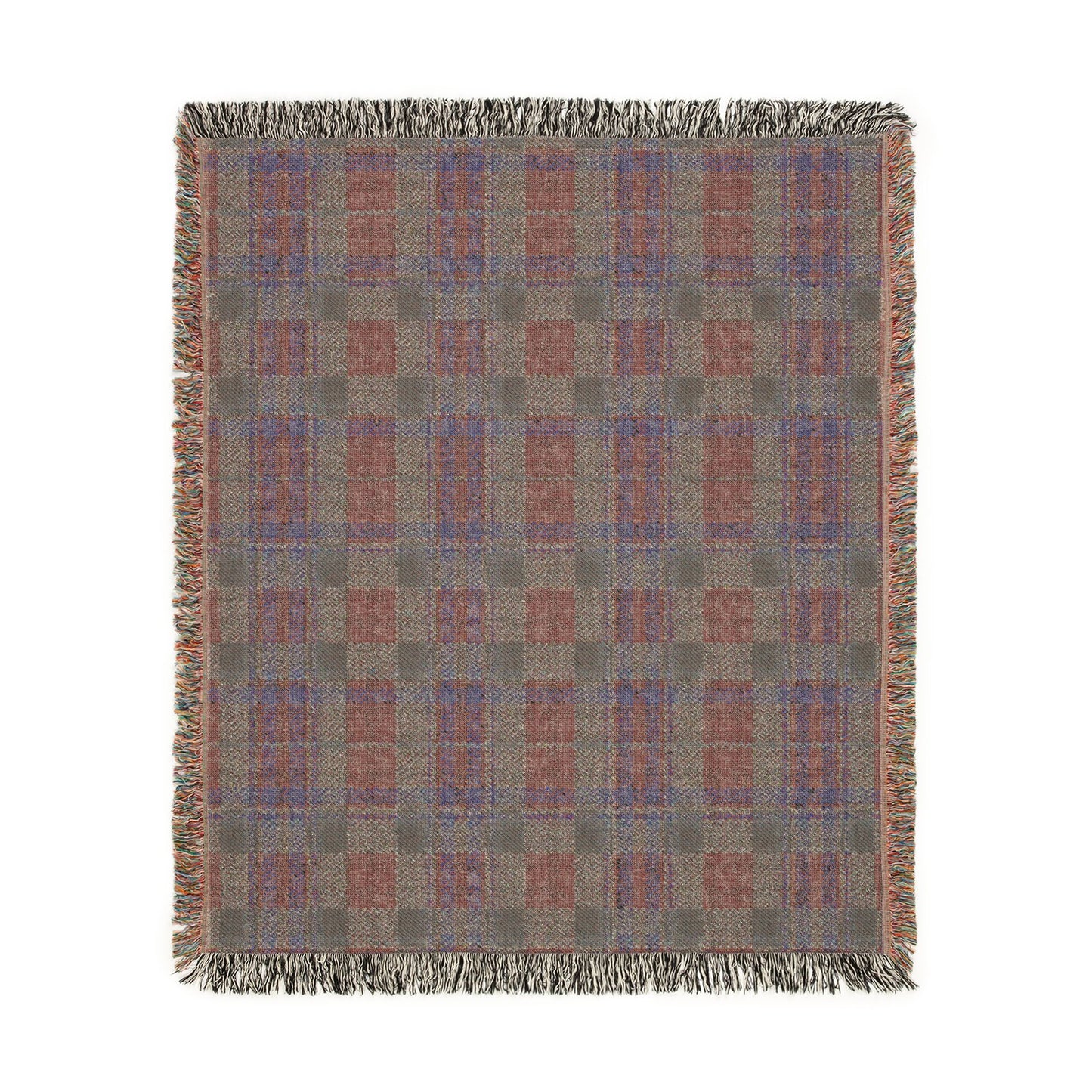 A square woven throw blanket with a plaid pattern in muted gray, terracotta red, and blue, finished with fringed edges on all sides.