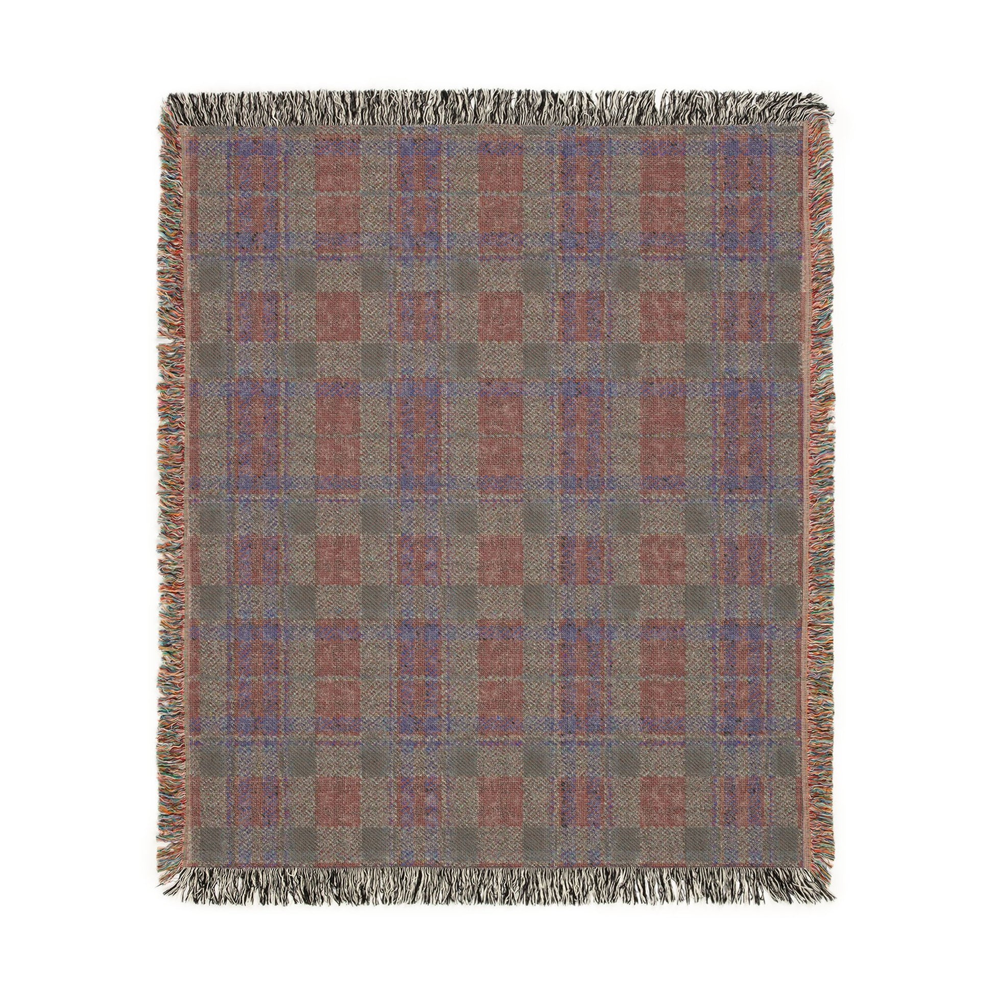 A square woven throw blanket with a plaid pattern in muted gray, terracotta red, and blue, finished with fringed edges on all sides.