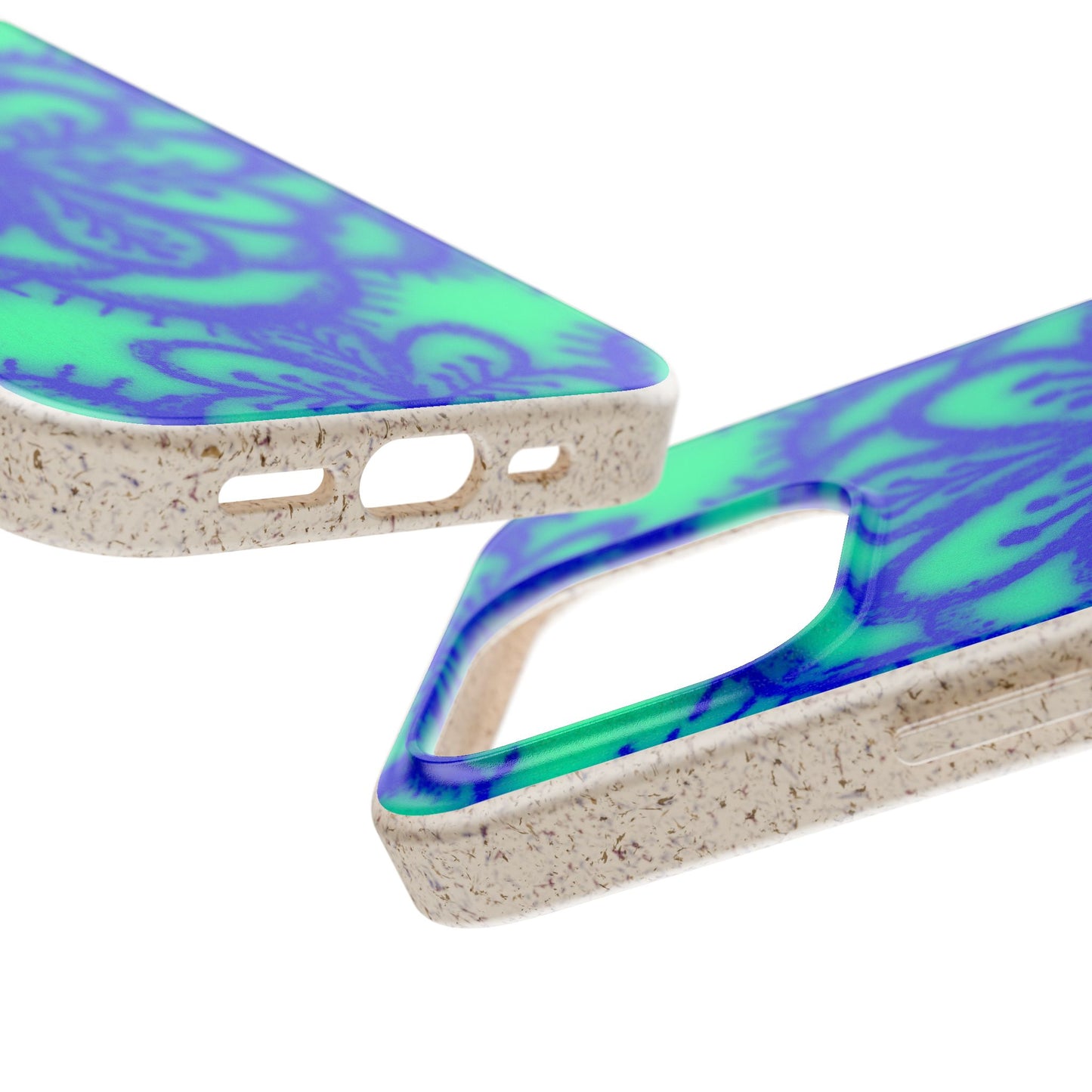 Two views of a phone case with a textured beige edge and a back panel featuring a blue and green marbled pattern, shown on a white background.