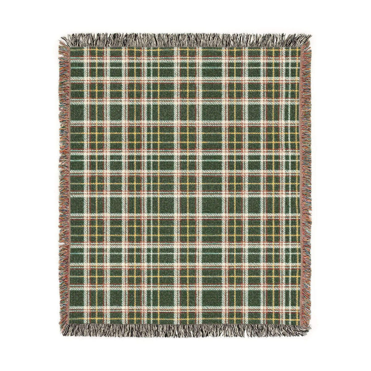 A square woven throw blanket with a green, red, white, and yellow plaid pattern and fringed edges, shown flat against a white background.