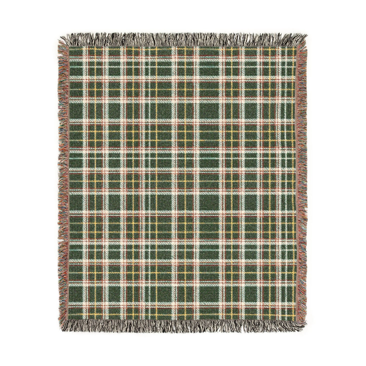 A square woven throw blanket with a green, white, and orange plaid pattern and fringed edges, shown flat against a white background.