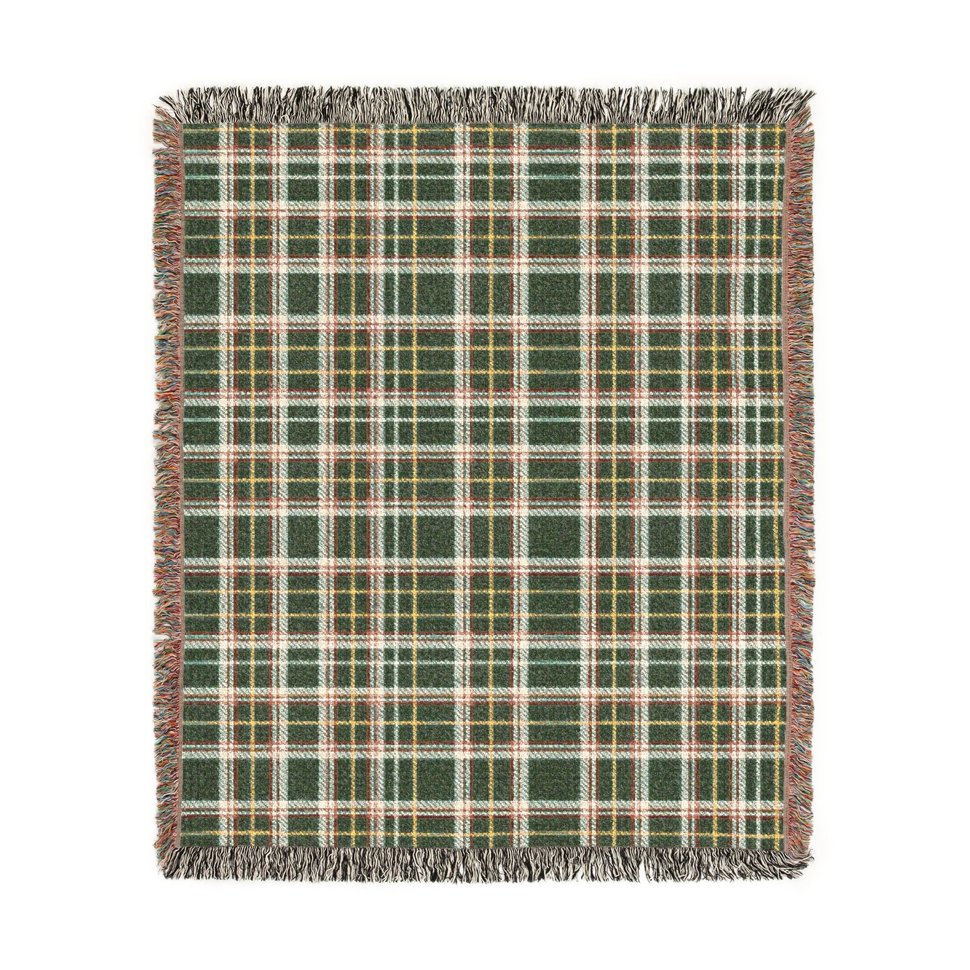 A square woven throw blanket with a green, white, and orange plaid pattern and fringed edges, shown flat against a white background.
