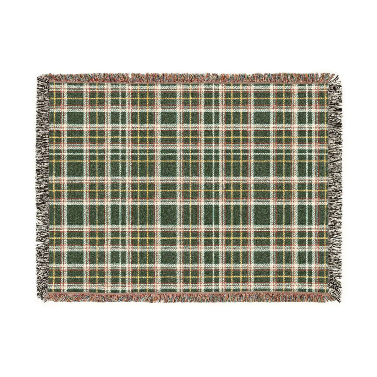 A rectangular woven throw blanket with a green, red, beige, and white plaid pattern and fringed edges, shown flat against a solid white background.
