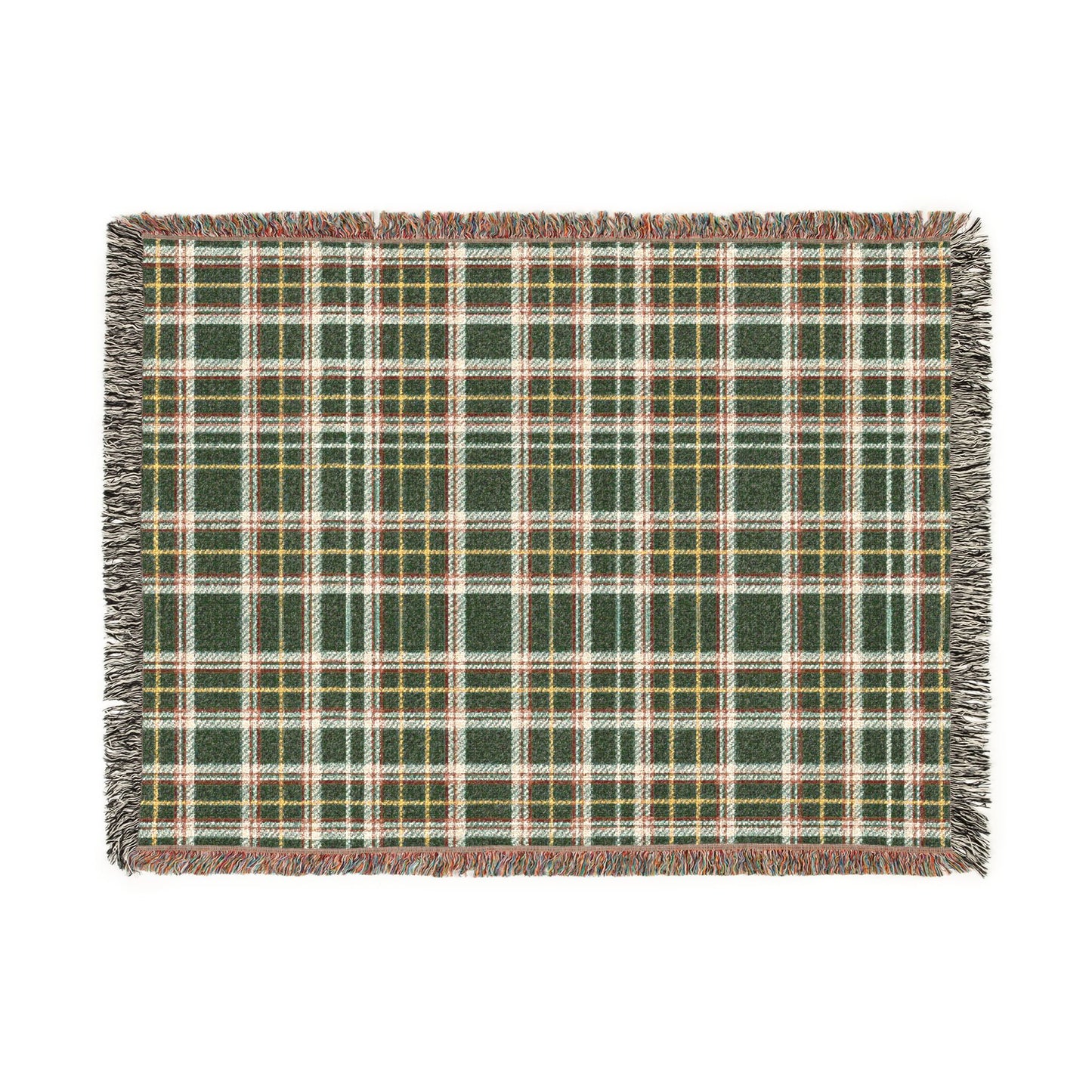 A rectangular woven throw blanket with a green, beige, and white plaid pattern and fringed edges, shown flat against a solid white background.