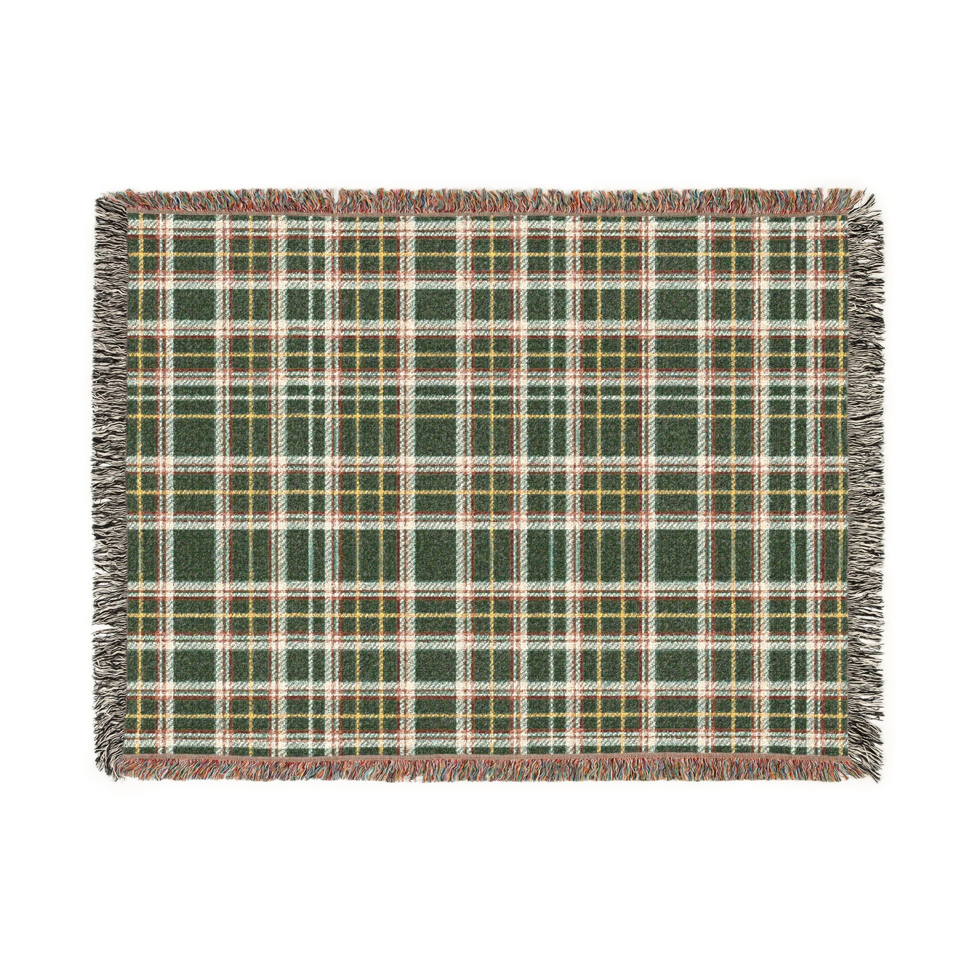 A rectangular woven throw blanket with a green, beige, and white plaid pattern and fringed edges, shown flat against a solid white background.