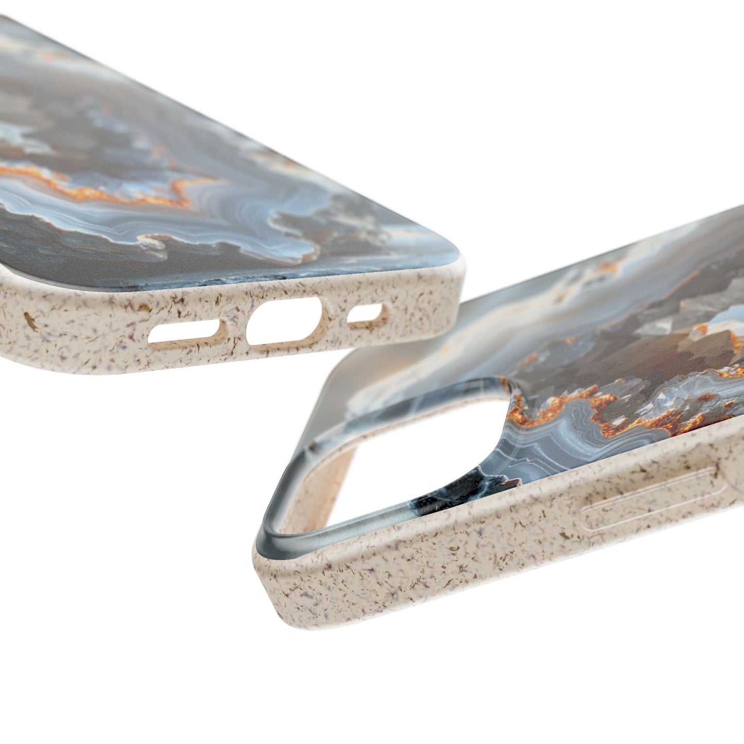 Two close-up views of a smartphone case with a marbled agate-inspired design in gray, blue, white, and warm brown tones, plus a speckled beige bumper edge, shown on a white background.