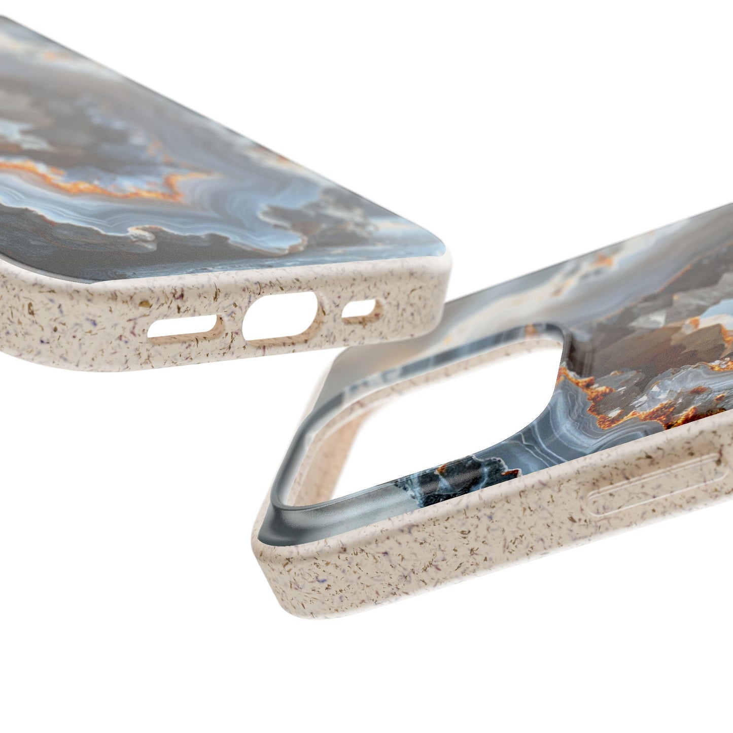 Two close-up views of a smartphone case with a speckled beige base and a marbled blue-gray, brown, and rust pattern on the back, shown on a white background.