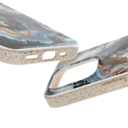 Two close-up views of a smartphone case with a speckled beige base and a marbled blue-gray, brown, and rust pattern on the back, shown on a white background.