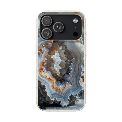 A clear phone case featuring a detailed geode and agate stone pattern with shades of gray, white, brown, and orange, shown on a white background.