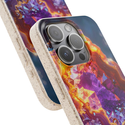 Close-up of a smartphone case with a vivid geode and crystal print in purple, orange, yellow, and blue, shown on a phone with a textured beige bumper edge against a white background.