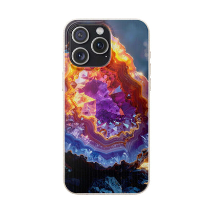 A clear smartphone case featuring a vivid printed design of a geode or crystal cluster with swirling bands of purple, orange, yellow, blue, and black, shown on a phone against a plain white background.