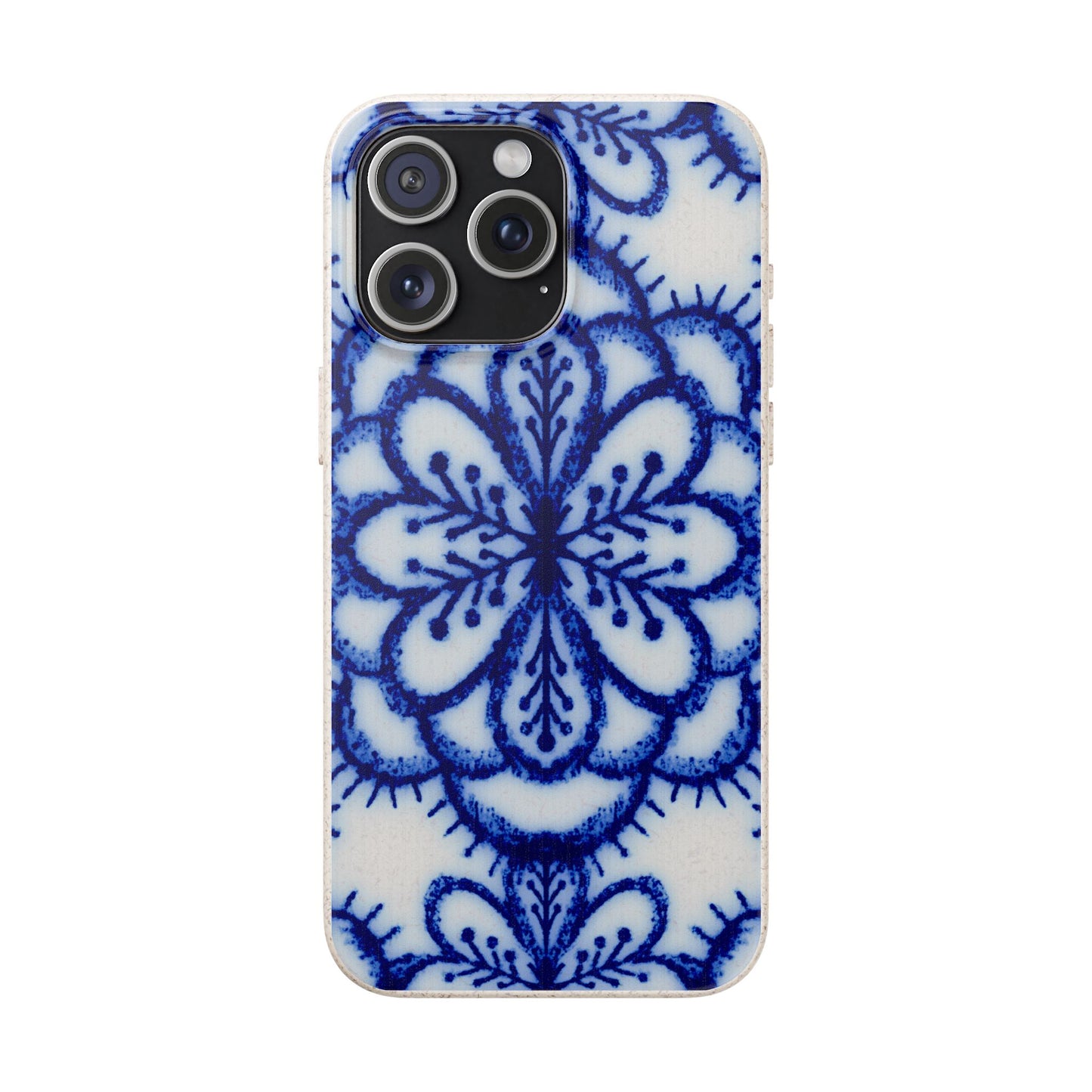 A protective phone case featuring a blue and white hand-painted style floral mandala pattern, shown on a plain white background.