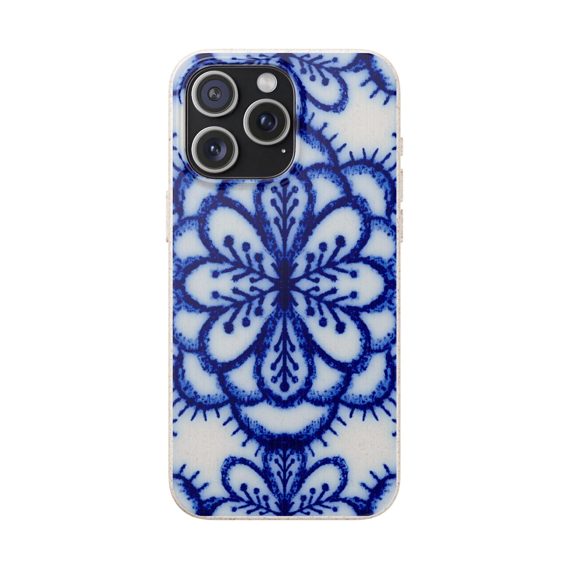A protective phone case featuring a blue and white hand-painted style floral mandala pattern, shown on a plain white background.