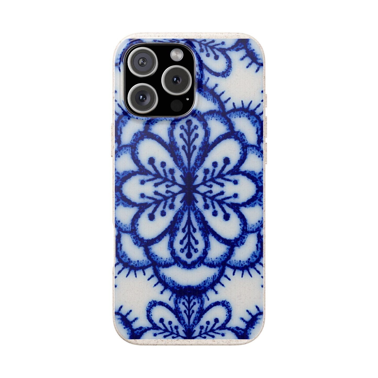 A phone case featuring a blue and white floral mandala pattern, shown on a plain white background.