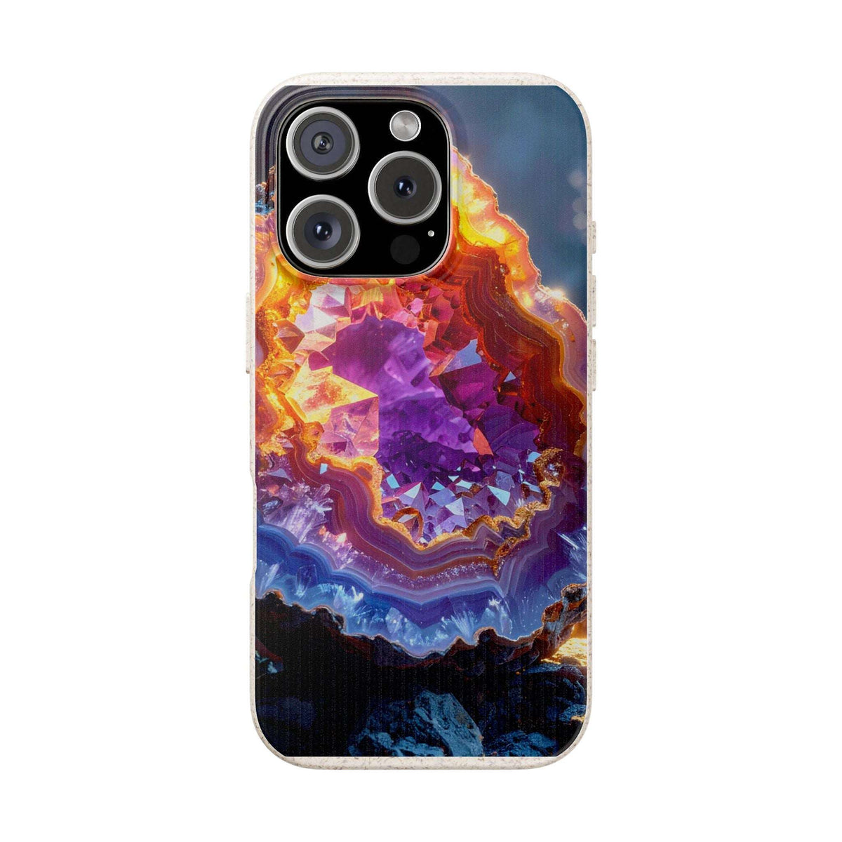 A clear iPhone case featuring a vibrant, detailed print of a geode with purple, orange, yellow, and blue crystals, shown on a white background.