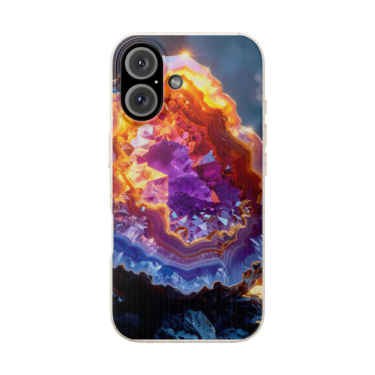 A clear iPhone case featuring a vibrant, detailed print of a geode with glowing orange and yellow crystals, purple formations, and blue agate layers, shown on a plain white background.