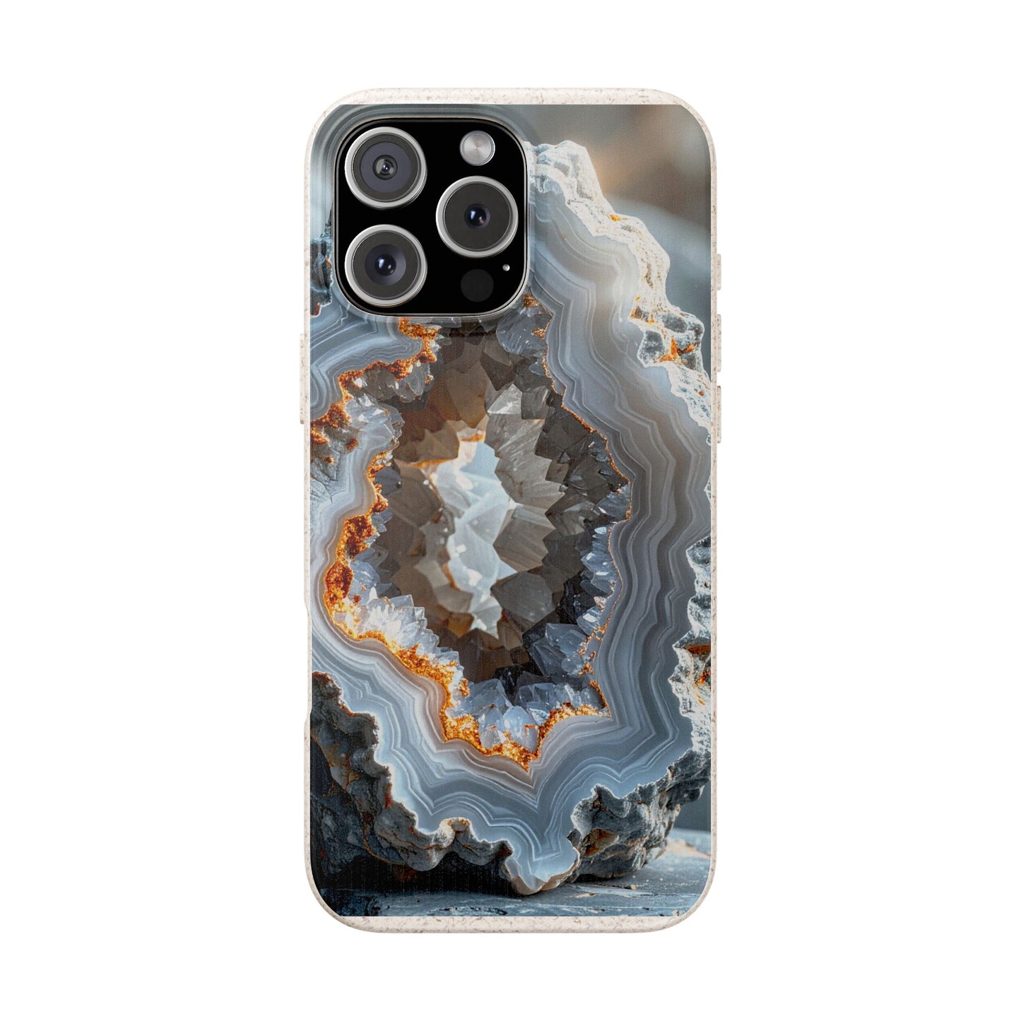 A phone case featuring a detailed geode or agate crystal formation print with gray, white, and orange-brown natural stone patterns, shown on a white background.