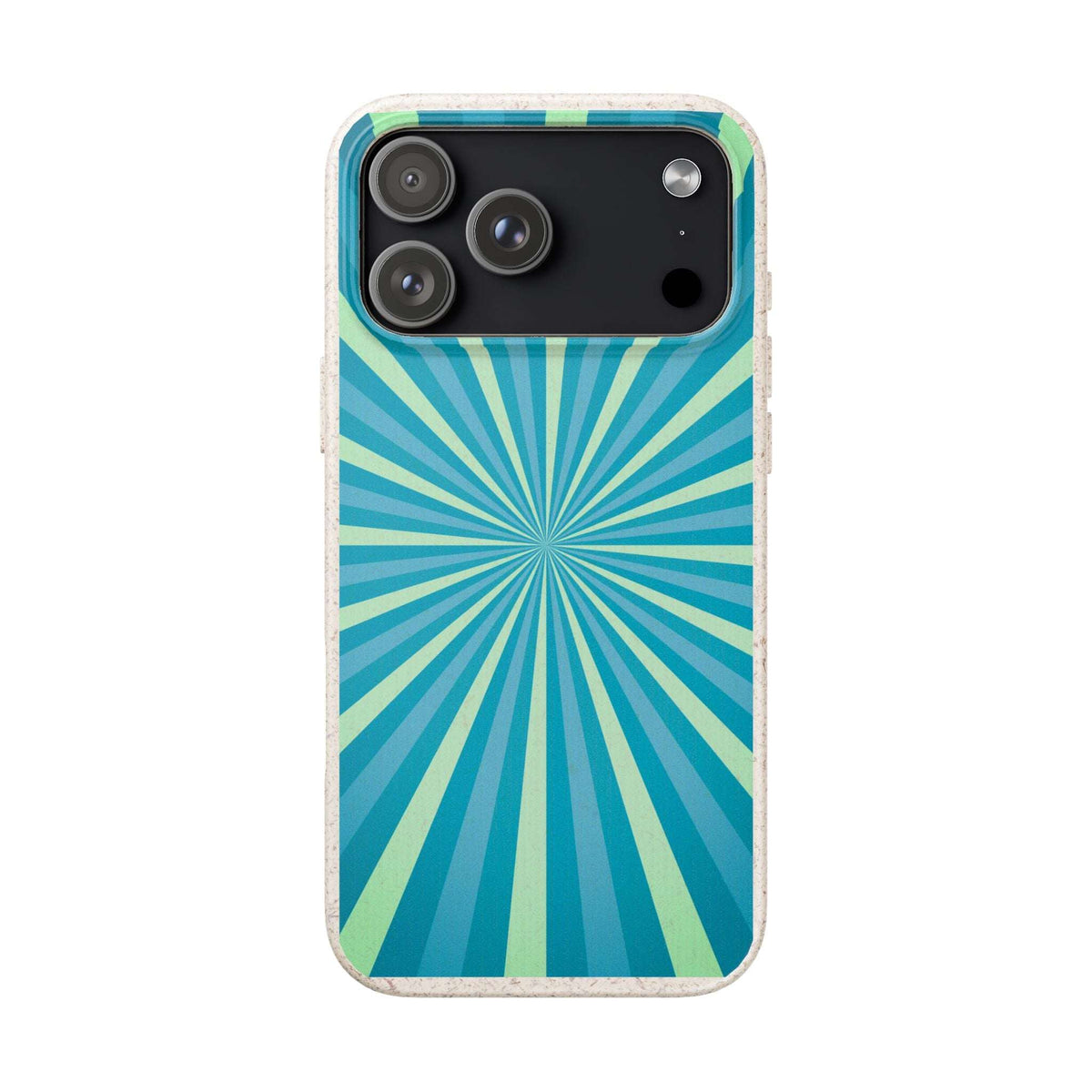 A protective phone case featuring a retro radial sunburst pattern in shades of teal, blue, and mint green, with a light beige textured border and a black camera cutout.