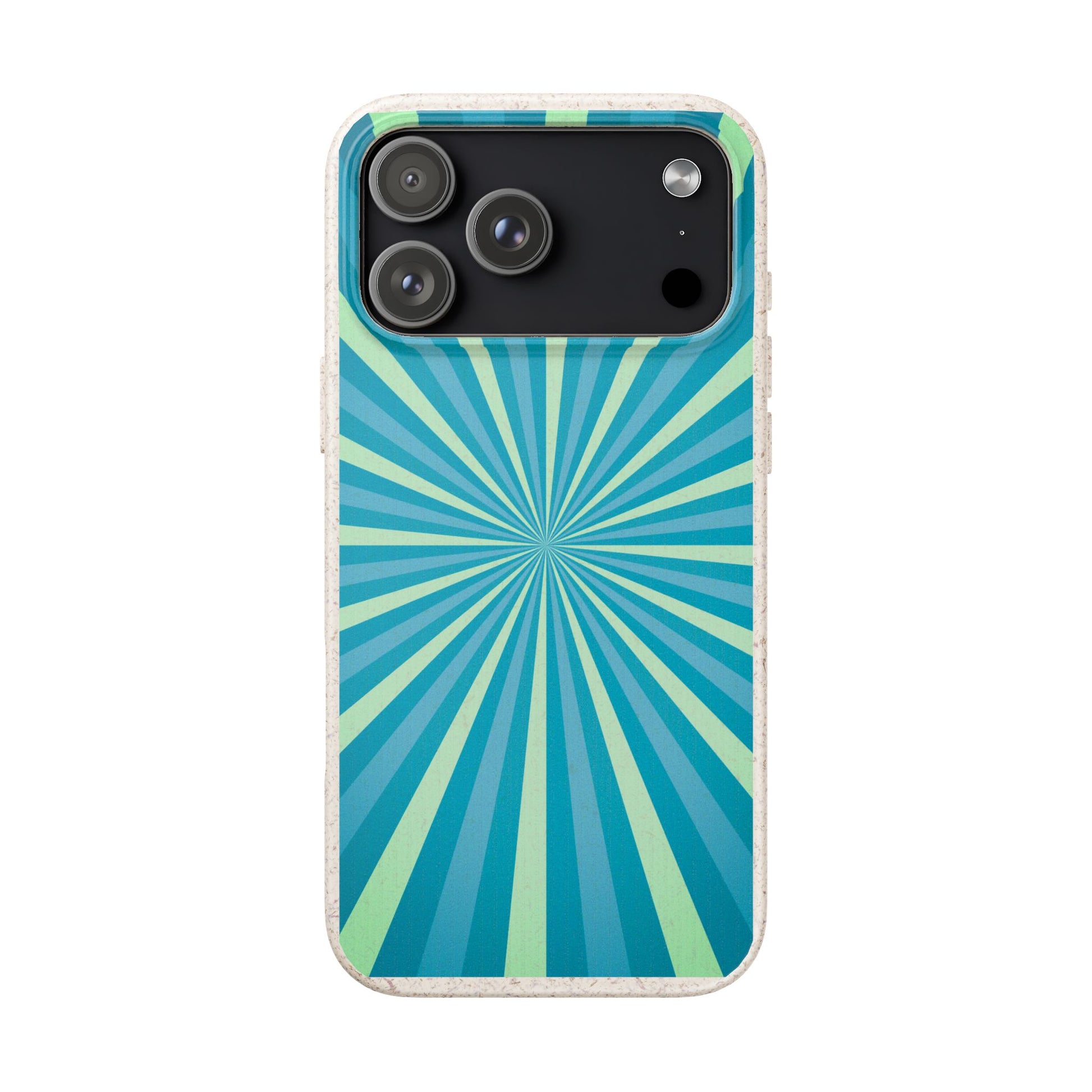 A protective phone case featuring a retro radial sunburst pattern in shades of teal, blue, and mint green, with a light beige textured border and a black camera cutout.