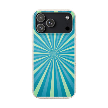 A protective phone case featuring a retro radial sunburst pattern in shades of teal, blue, and mint green, with a light beige textured border and a black camera cutout.