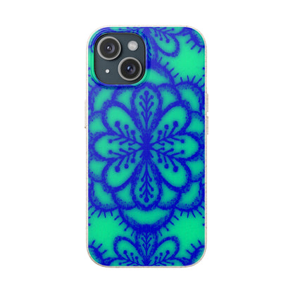 A clear phone case with a vibrant blue and green mandala pattern, shown on a phone against a plain white background.