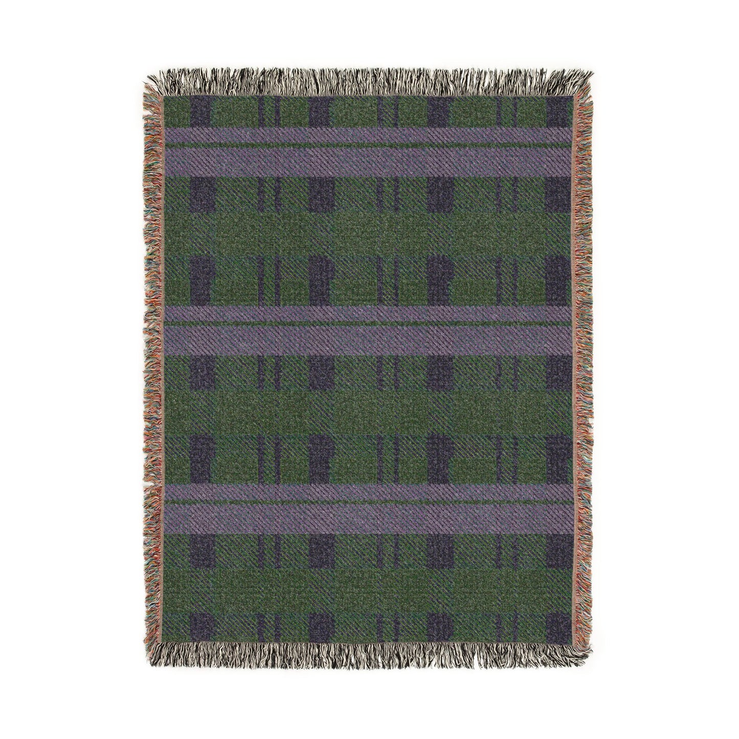 A rectangular woven throw blanket with a green and purple plaid pattern and fringed edges, shown flat against a white background.
