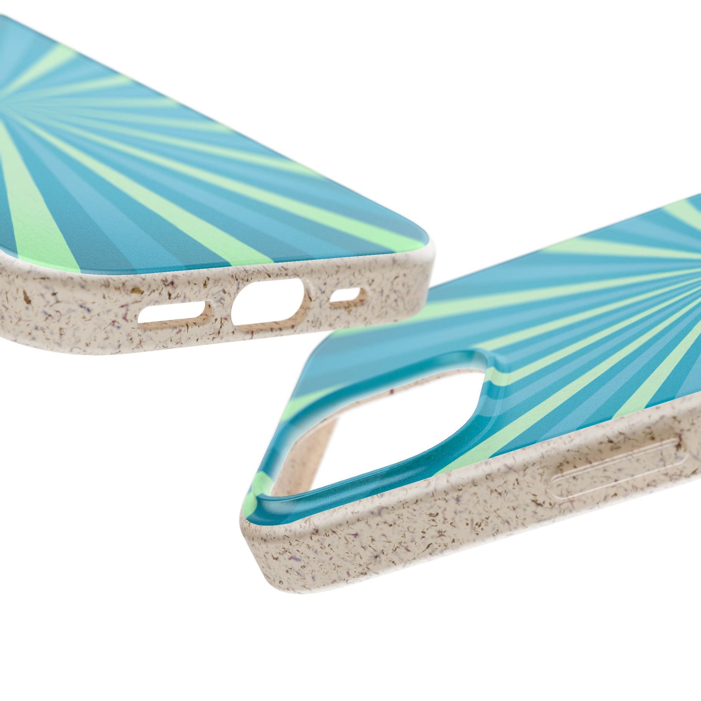 Two views of a phone case with a retro sunburst pattern in shades of blue, teal, and light green, featuring a textured beige speckled border, on a white background.