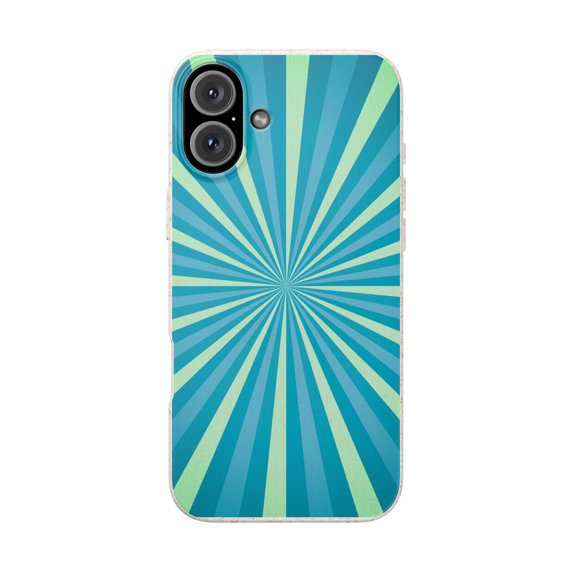 A phone case featuring a retro sunburst pattern with radiating stripes in shades of teal, blue, and light green, shown on a plain white background.