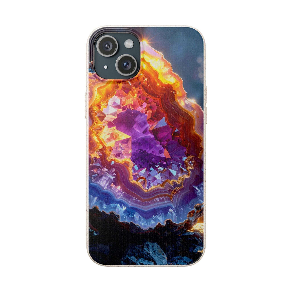 A clear iPhone case featuring a vibrant, multicolored geode print with purple, orange, yellow, and blue crystal formations, shown on a plain white background.