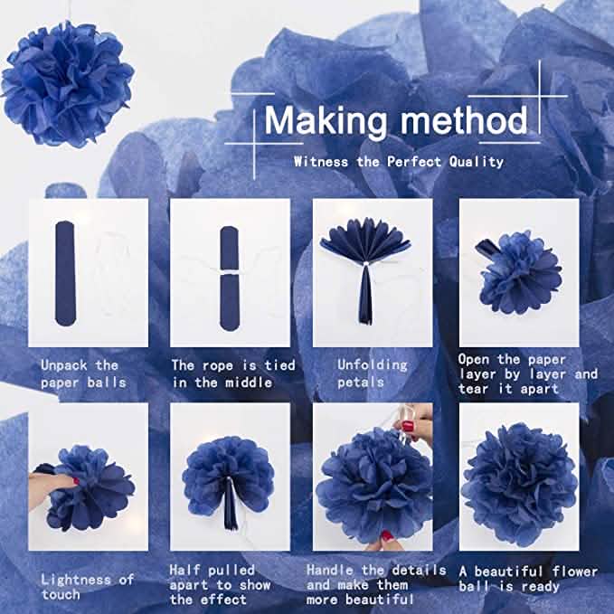 Step-by-step guide on making blue paper flowers with text 'Making method' and 'Witness the Perfect Quality'.