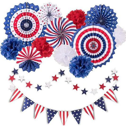 Decorative set with paper fans, flowers, and a banner in red, white, and blue.