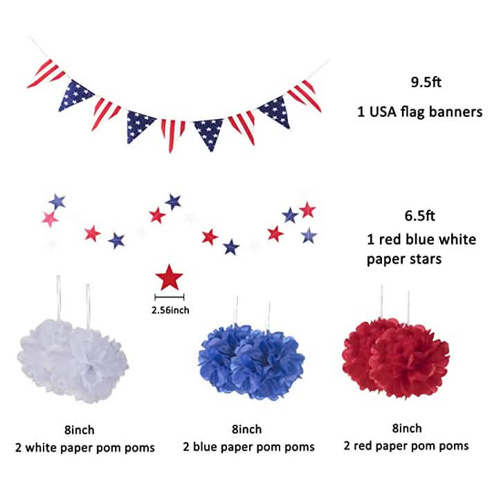 Set of patriotic decorations including USA flag banners, paper stars, and pom-poms with measurements.