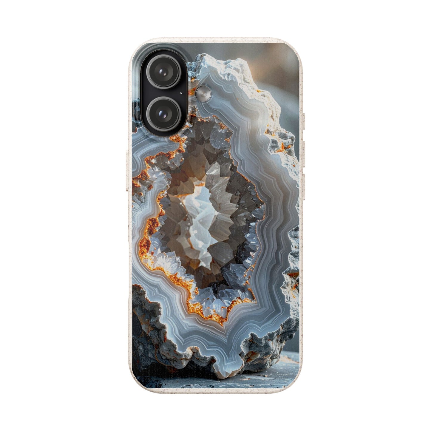 A phone case featuring a detailed geode or agate stone pattern with concentric bands of gray, white, brown, and orange, shown on a plain white background.