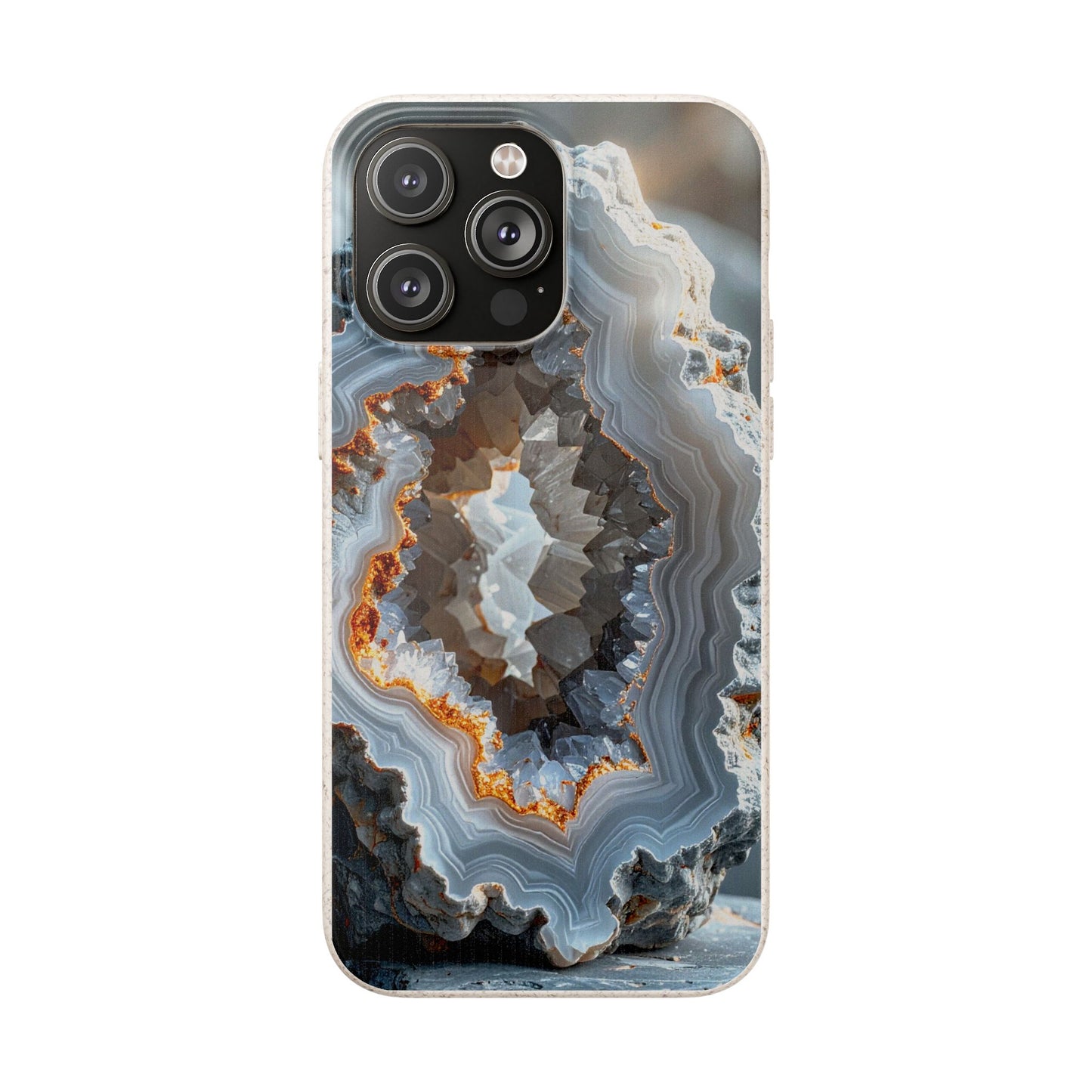 A clear smartphone case featuring a detailed geode and agate stone pattern with swirls of gray, white, brown, and orange, shown on a phone mockup against a white background.