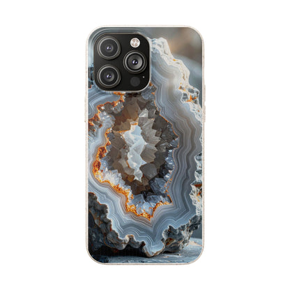 A clear smartphone case featuring a detailed geode and agate stone pattern with swirls of gray, white, brown, and orange, shown on a phone mockup against a white background.