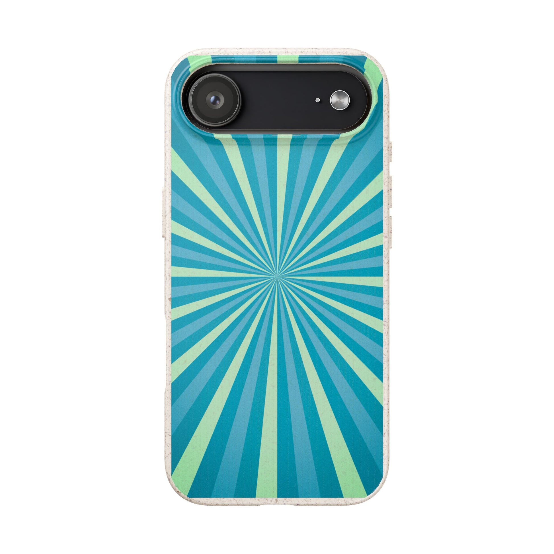 A protective phone case featuring a retro radial sunburst pattern in shades of teal, blue, and mint green, with a light beige textured border.