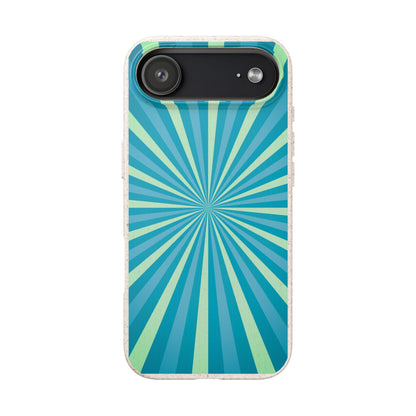 A protective phone case featuring a retro radial sunburst pattern in shades of teal, blue, and mint green, with a light beige textured border.