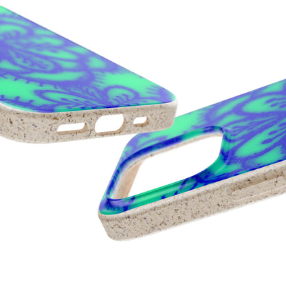 Two views of a phone case with a textured beige base and a blue and green abstract patterned back, shown on a white background.