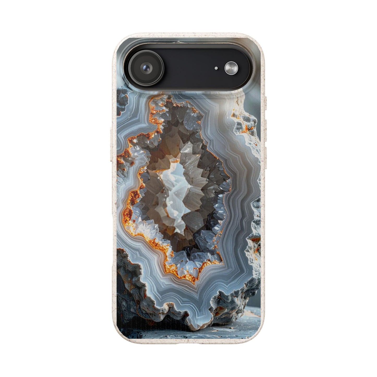 A clear-edged phone case featuring a detailed geode or agate stone pattern with concentric bands of gray, white, brown, and orange, shown on a white background.