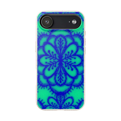 A phone case featuring a vibrant blue mandala floral pattern over a bright turquoise green background, shown on a plain white background.