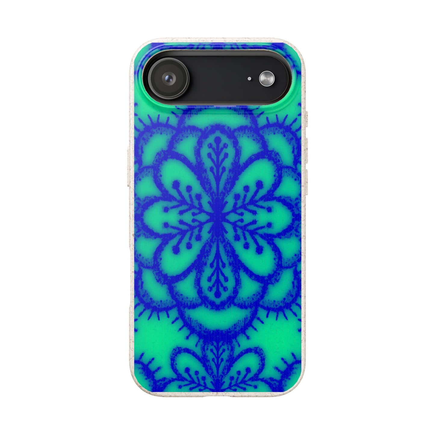 A phone case featuring a vibrant blue mandala floral pattern over a bright turquoise green background, shown on a plain white background.