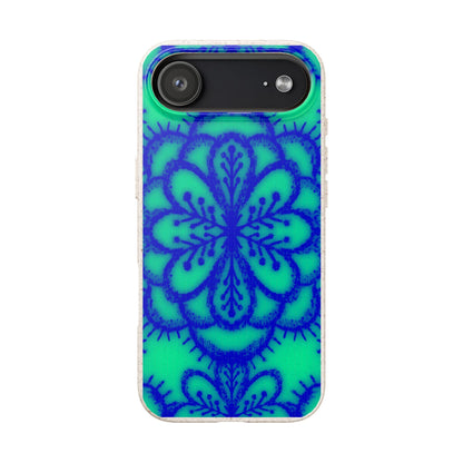 A phone case featuring a vibrant blue mandala floral pattern over a bright turquoise green background, shown on a plain white background.