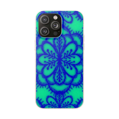 A phone case featuring a vibrant green background with a dark blue mandala pattern, shown on a plain white background.