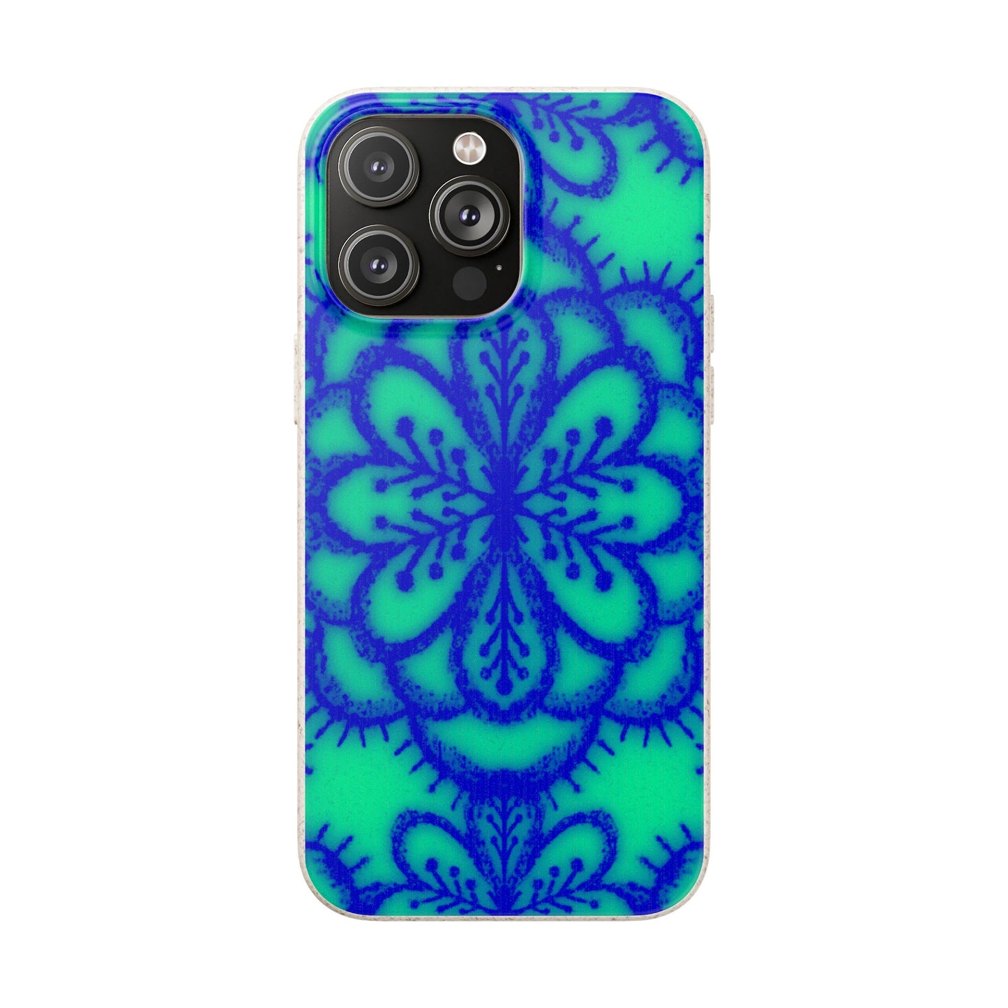 A phone case featuring a vibrant green background with a dark blue mandala pattern, shown on a plain white background.
