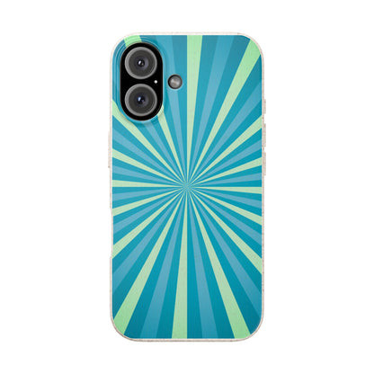 A phone case featuring a retro sunburst pattern with radiating stripes in shades of teal, blue, and light green, shown on a plain white background.