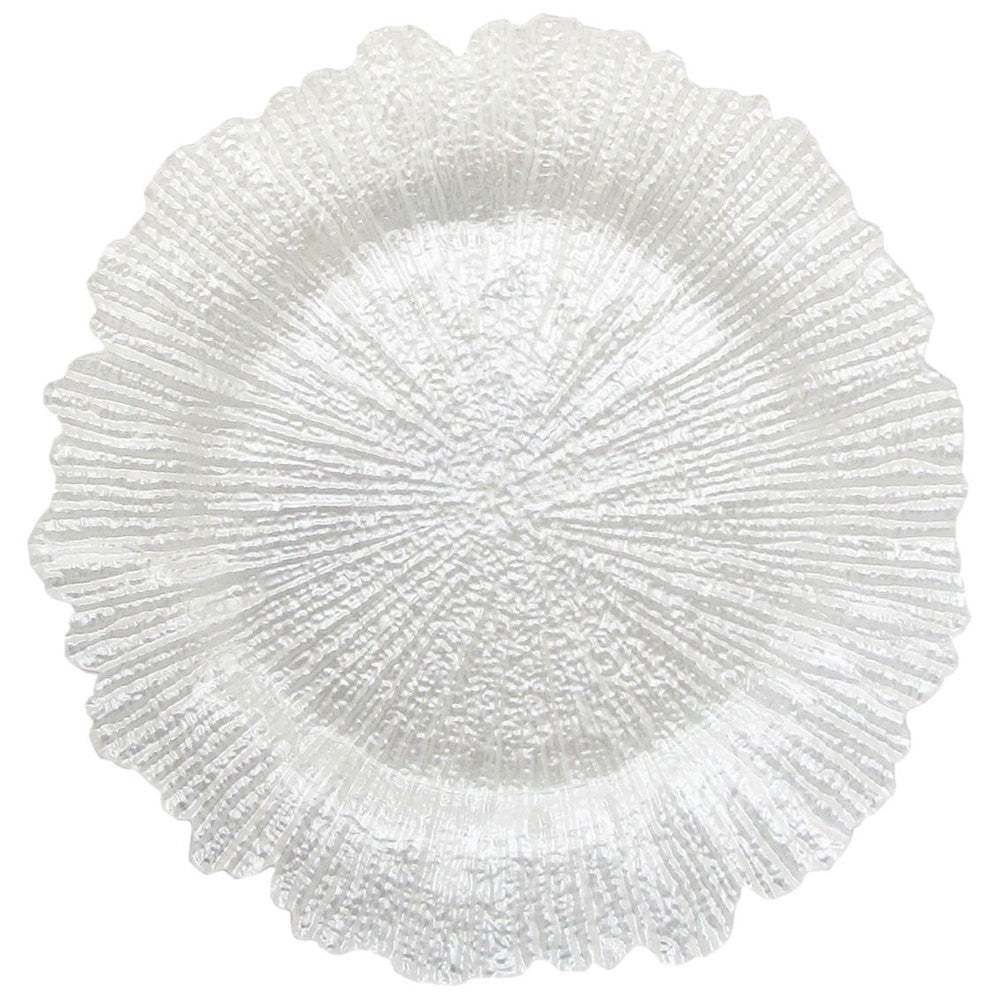 White textured circular charger plate on a white background