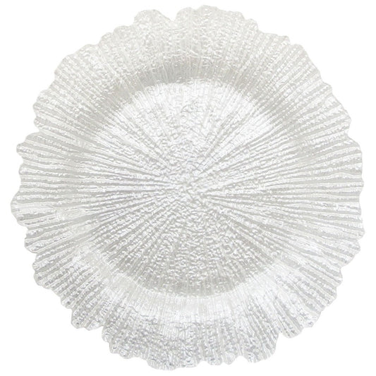 White textured circular charger plate on a white background