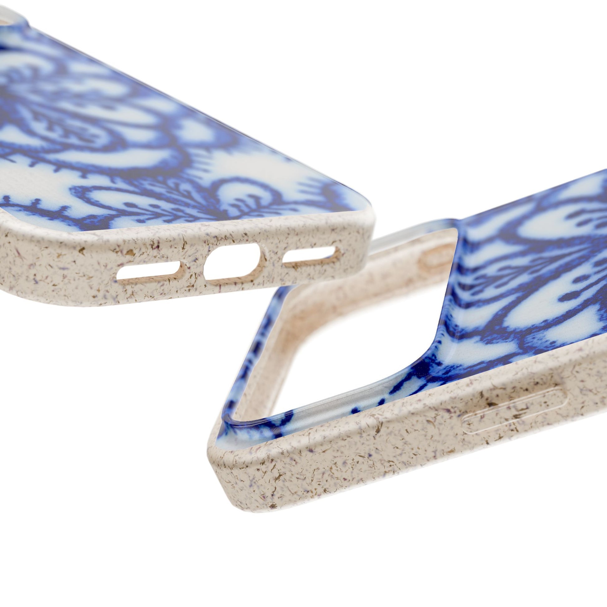 Close-up of a phone case with a blue and white floral pattern on a textured beige base, shown from multiple angles on a white background.
