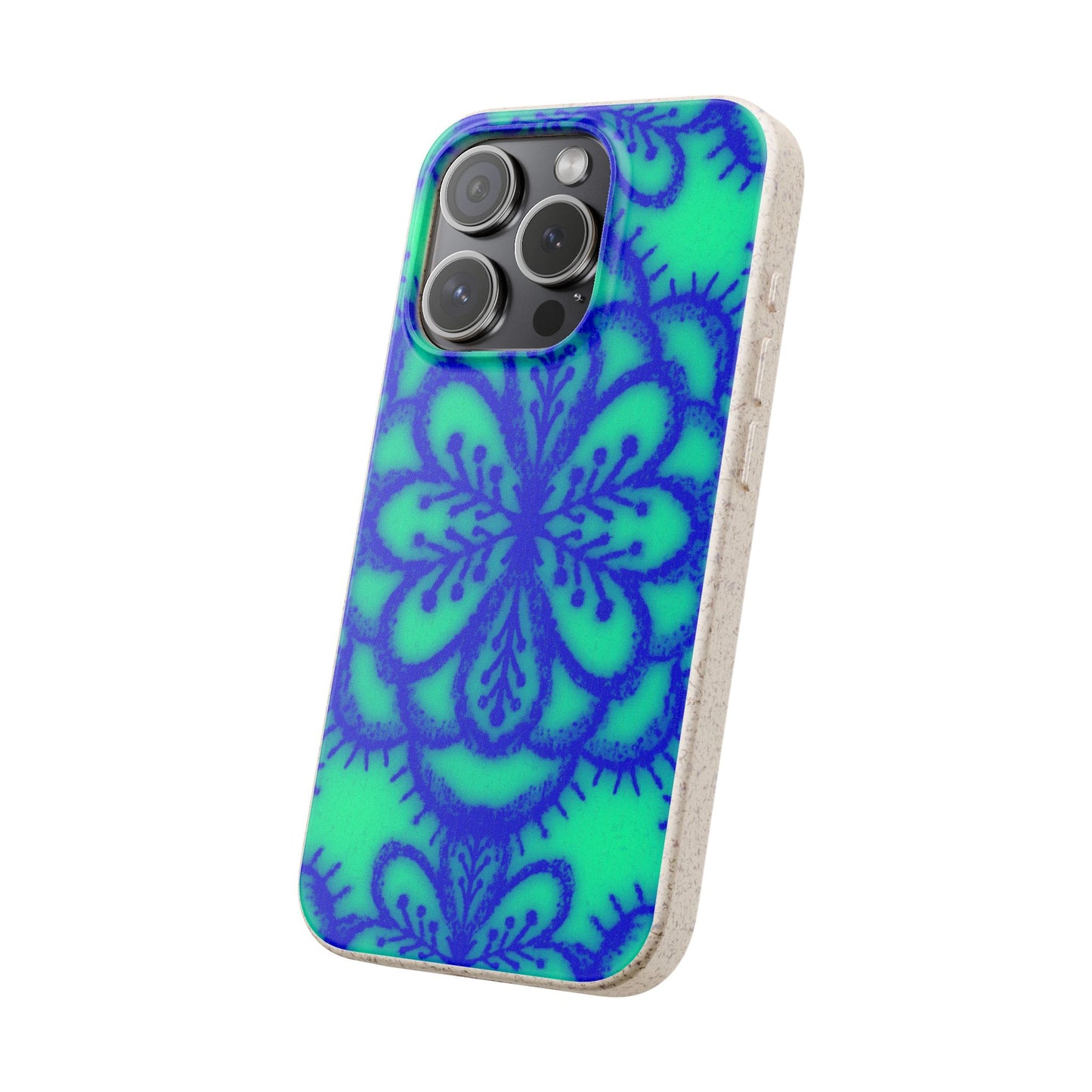 A protective phone case with a vibrant blue mandala pattern over a bright green background, shown on a plain white background.