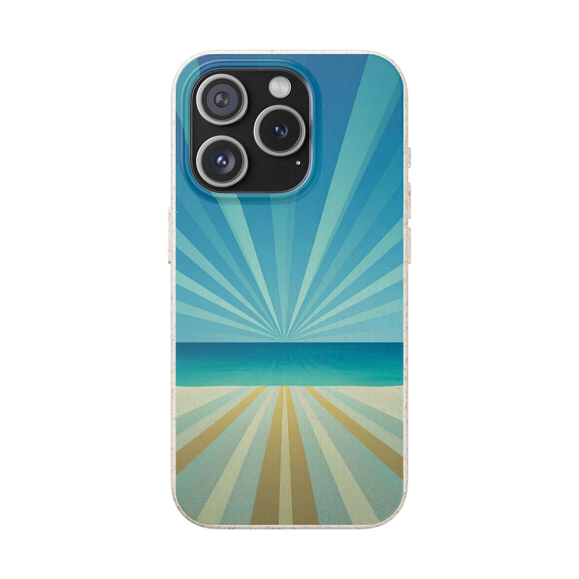 A phone case featuring a retro sunburst design over an ocean landscape, with blue and teal rays meeting a sandy beige horizon, shown on a white background.